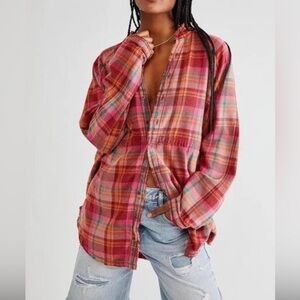Free People We The Free Summer Daydream Plaid Flannel Tunic Shirt Button